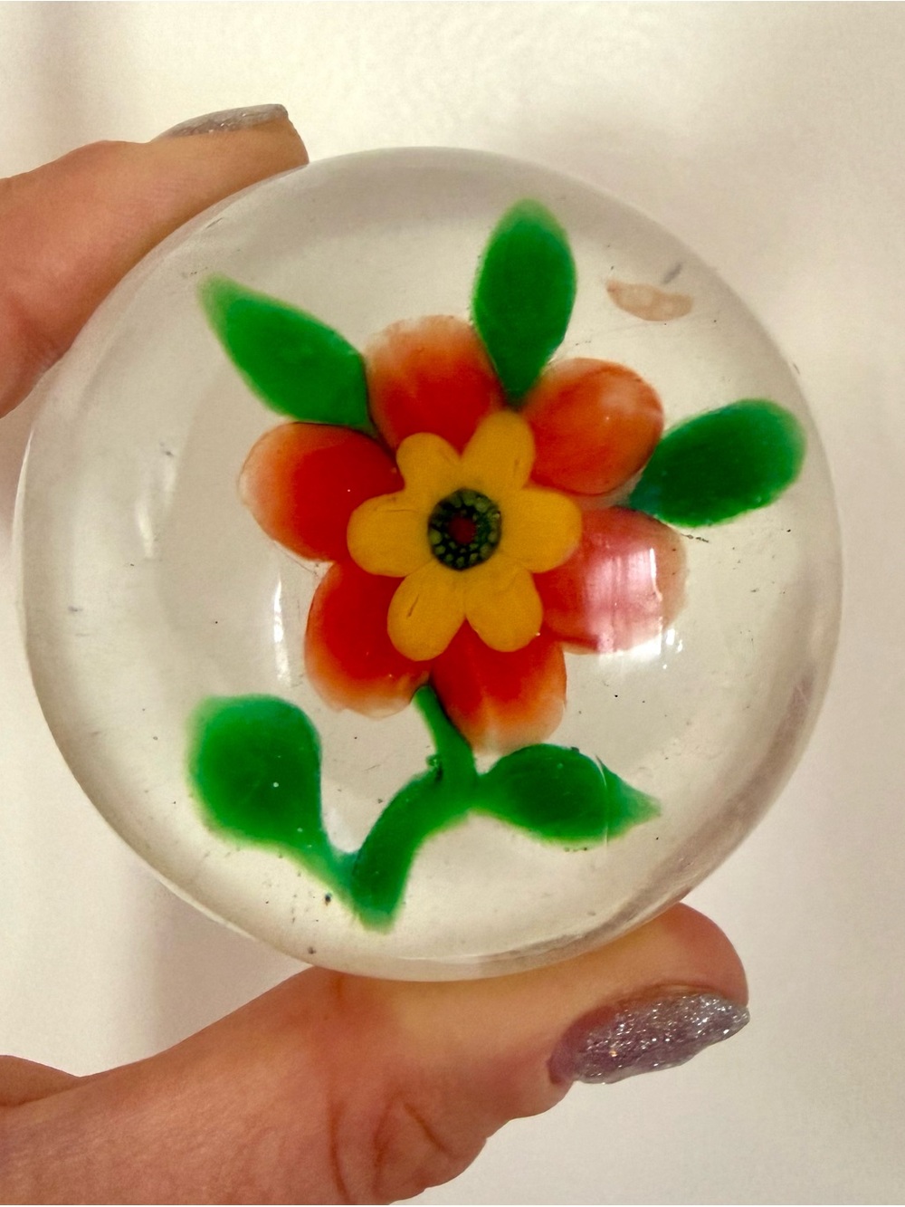 Antique 20’s paperweight Vintage Floral Glass Orange Yellow Flower Art lampwork